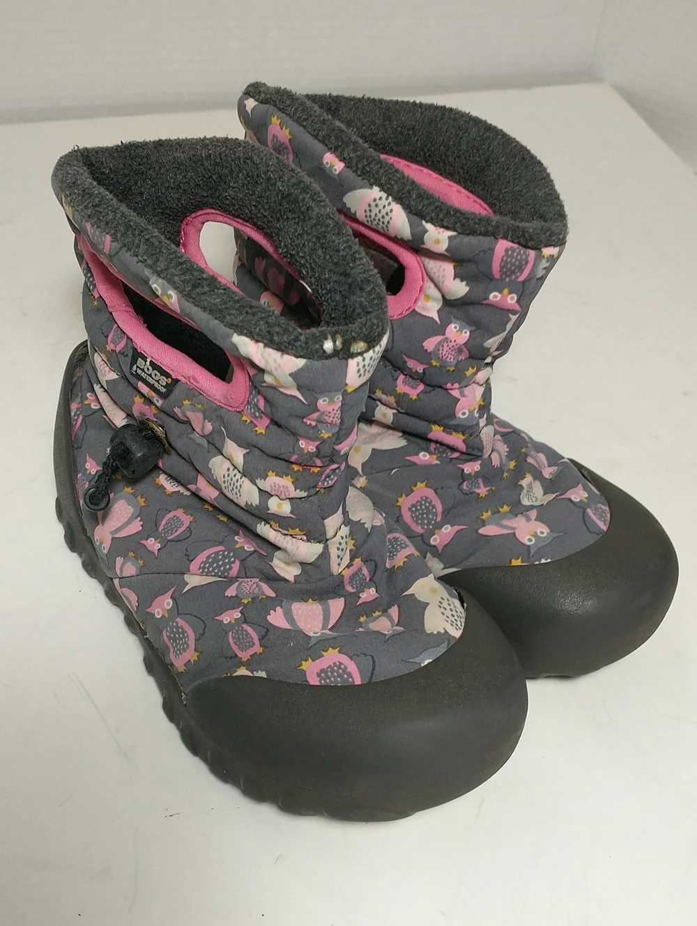Bogs Winter Snow Boots, Owls, Pink / Gray, Size 13, Rated -4 F, Adjustable Cord